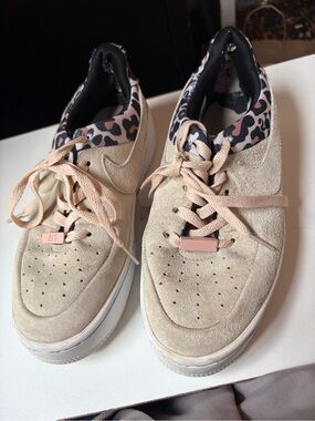 Nike Women's Beige Suede Low-Top Sneakers with Leopard Trim